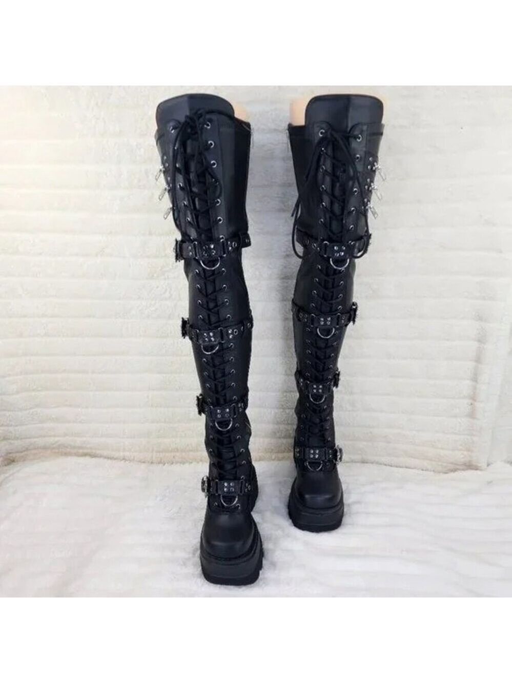 NIB Shaker 420 Black sTRETCH 4.5" Wedge Heel OTK Thigh Boots Skulls Zippers